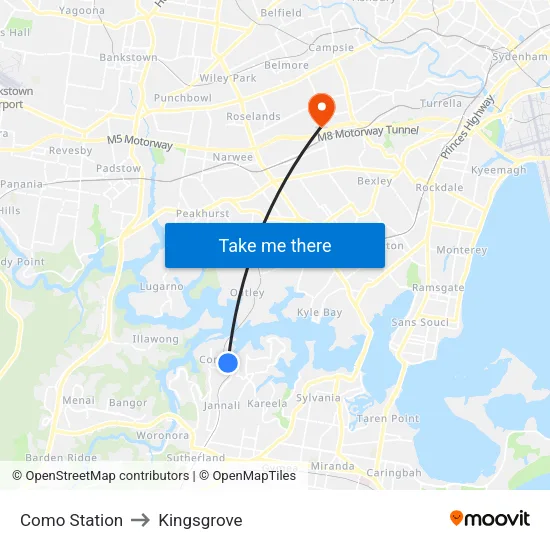Como Station to Kingsgrove map