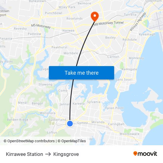 Kirrawee Station to Kingsgrove map
