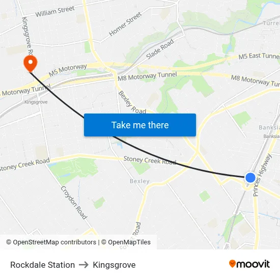 Rockdale Station to Kingsgrove map