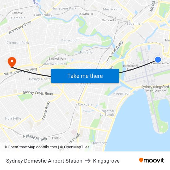 Sydney Domestic Airport Station to Kingsgrove map