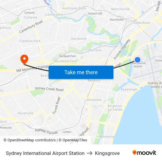 Sydney International Airport Station to Kingsgrove map