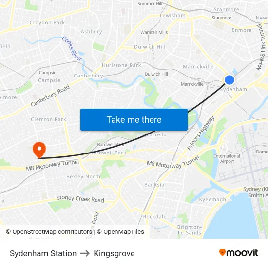 Sydenham Station to Kingsgrove map
