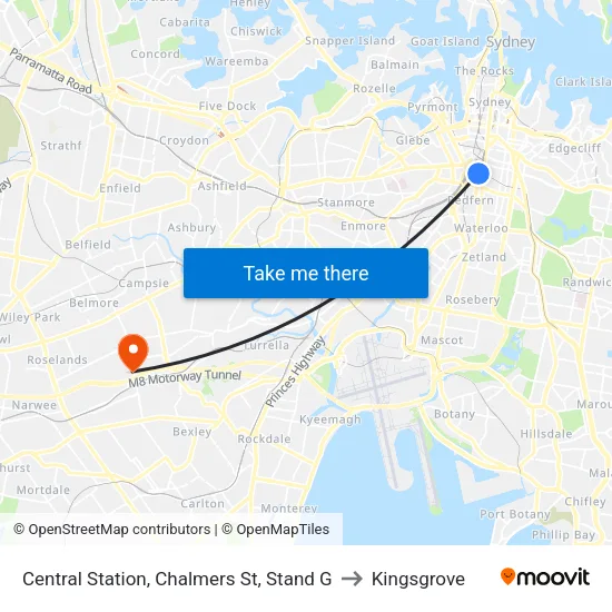 Central Station, Chalmers St, Stand G to Kingsgrove map