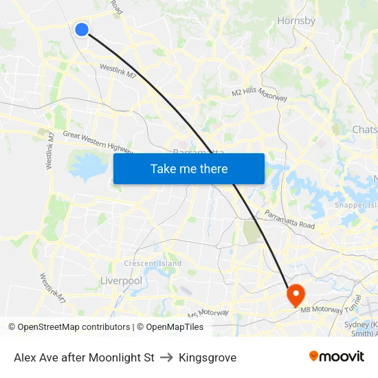 Alex Ave after Moonlight St to Kingsgrove map