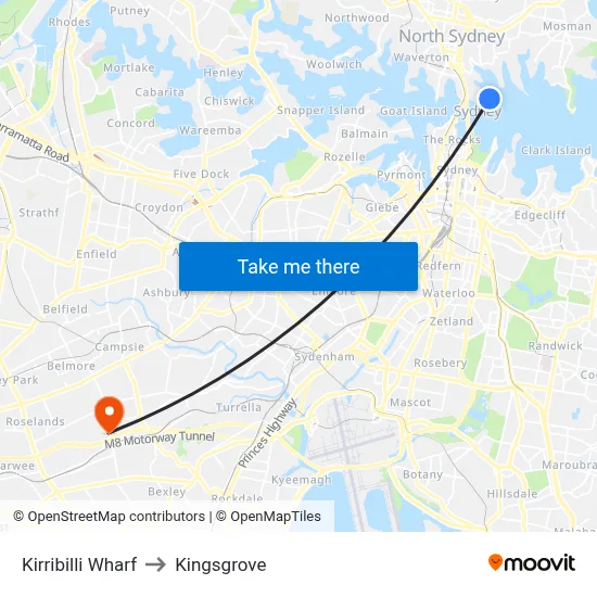 Kirribilli Wharf to Kingsgrove map
