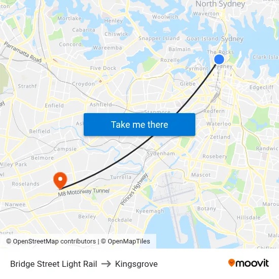 Bridge Street Light Rail to Kingsgrove map