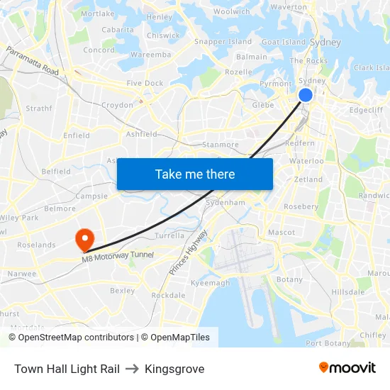 Town Hall Light Rail to Kingsgrove map