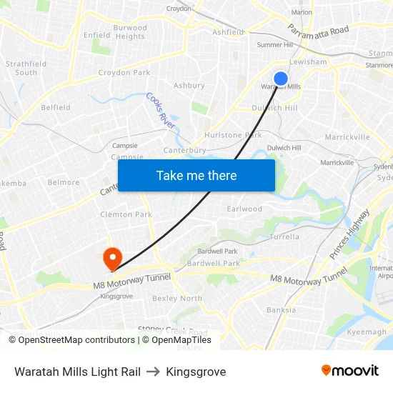 Waratah Mills Light Rail to Kingsgrove map