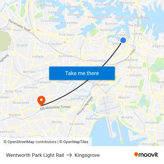 Wentworth Park Light Rail to Kingsgrove map