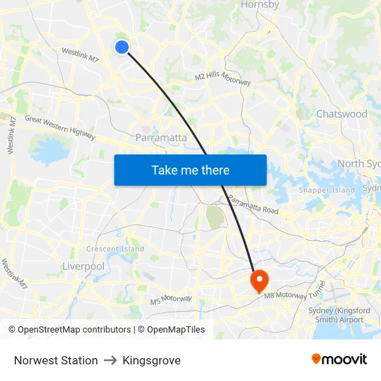 Norwest Station to Kingsgrove map