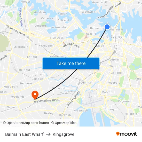 Balmain East Wharf to Kingsgrove map
