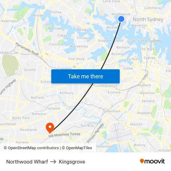 Northwood Wharf to Kingsgrove map