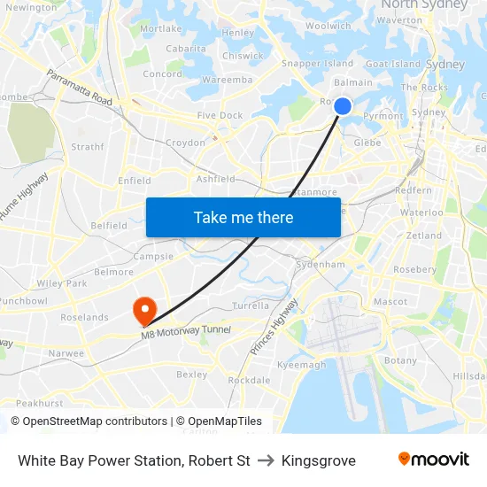 White Bay Power Station, Robert St to Kingsgrove map