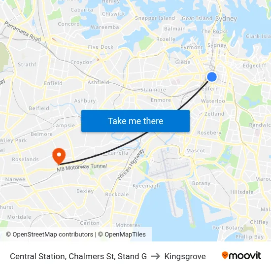 Central Station, Chalmers St, Stand G to Kingsgrove map