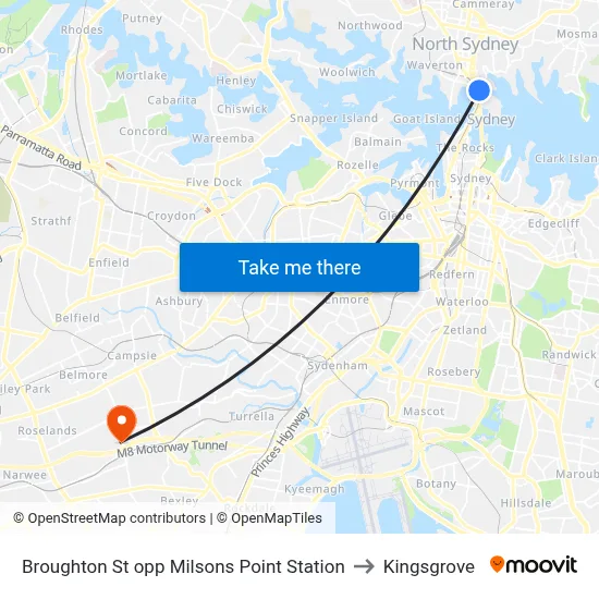 Broughton St opp Milsons Point Station to Kingsgrove map