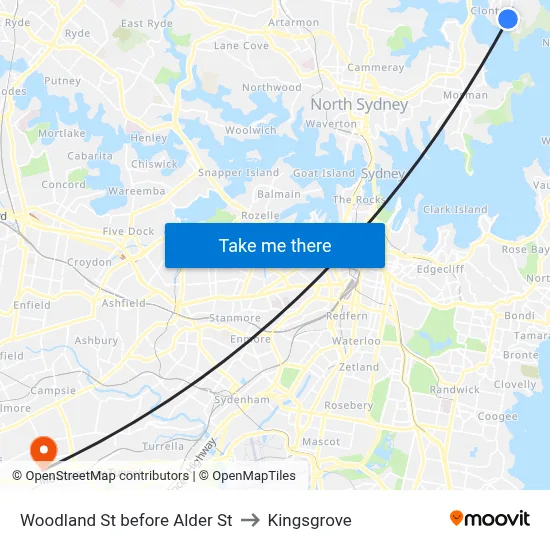 Woodland St before Alder St to Kingsgrove map