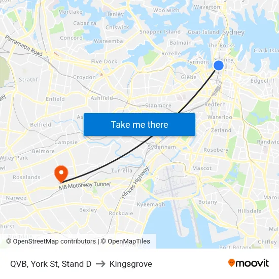 QVB, York St, Stand D to Kingsgrove map