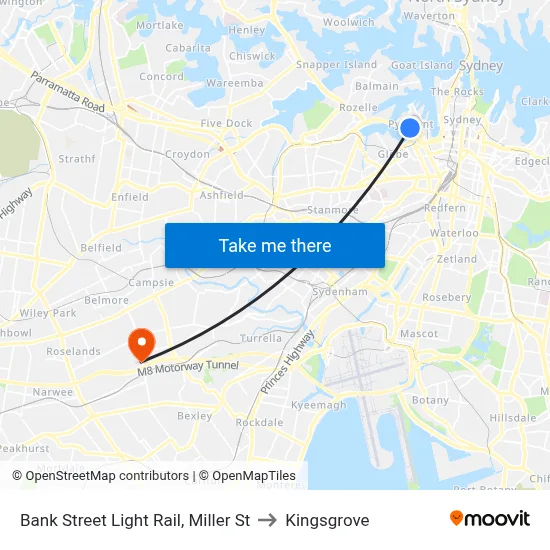 Bank Street Light Rail, Miller St to Kingsgrove map