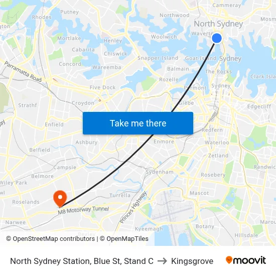 North Sydney Station, Blue St, Stand C to Kingsgrove map