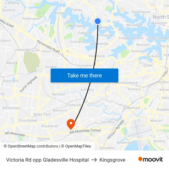 Victoria Rd opp Gladesville Hospital to Kingsgrove map