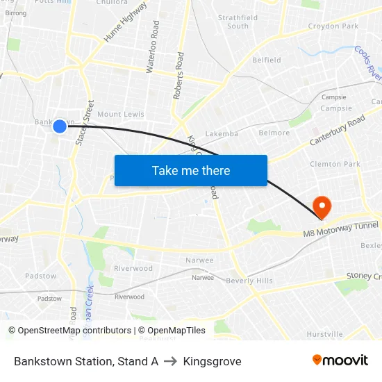Bankstown Station, Stand A to Kingsgrove map