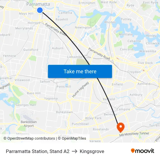 Parramatta Station, Stand A2 to Kingsgrove map