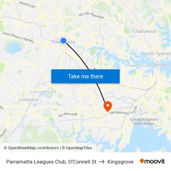 Parramatta Leagues Club, O'Connell St to Kingsgrove map