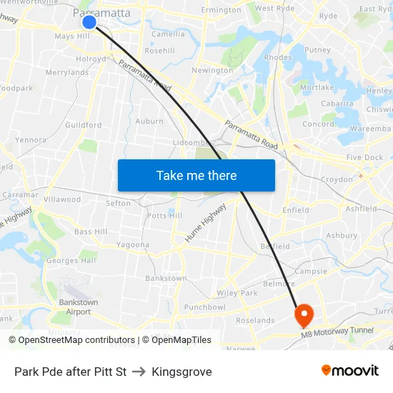 Park Pde after Pitt St to Kingsgrove map
