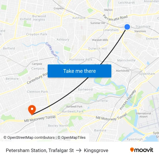 Petersham Station, Trafalgar St to Kingsgrove map