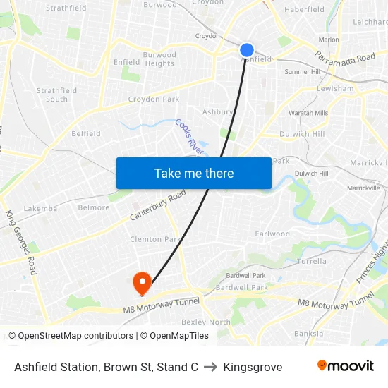 Ashfield Station, Brown St, Stand C to Kingsgrove map