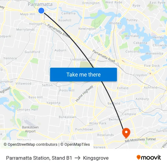Parramatta Station, Stand B1 to Kingsgrove map