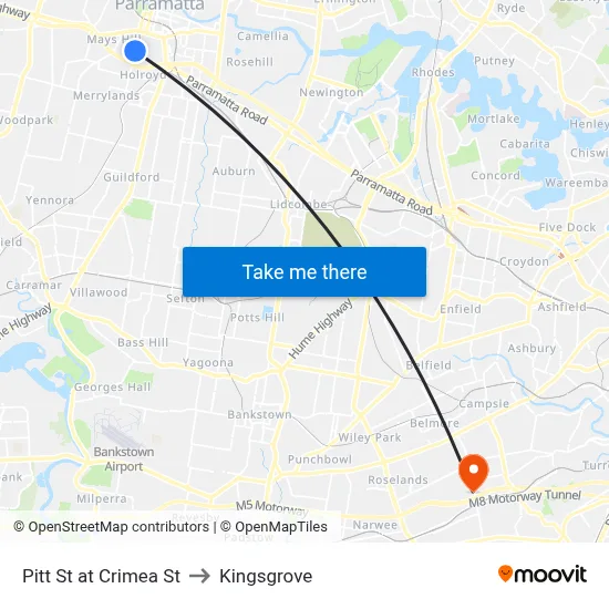 Pitt St at Crimea St to Kingsgrove map