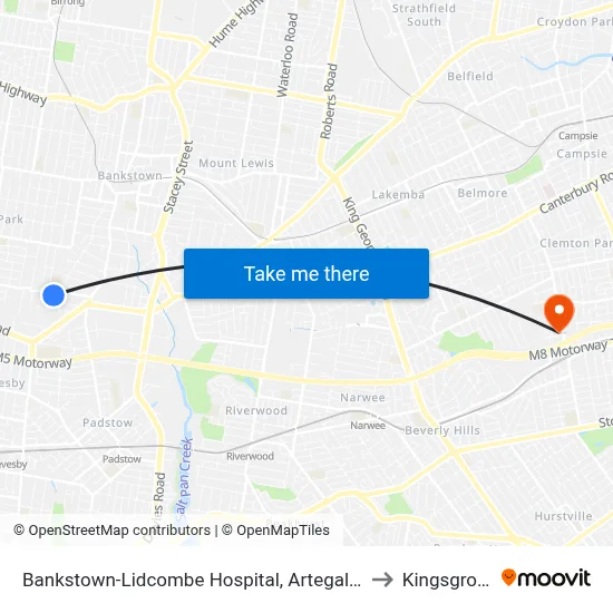 Bankstown-Lidcombe Hospital, Artegall St to Kingsgrove map