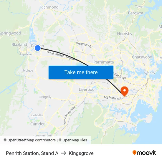Penrith Station, Stand A to Kingsgrove map