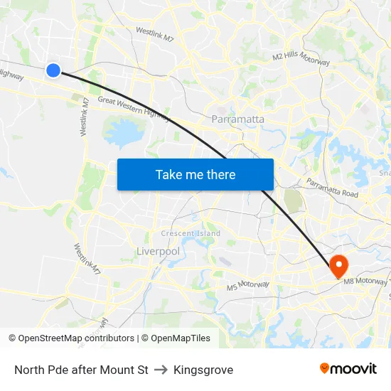 North Pde after Mount St to Kingsgrove map