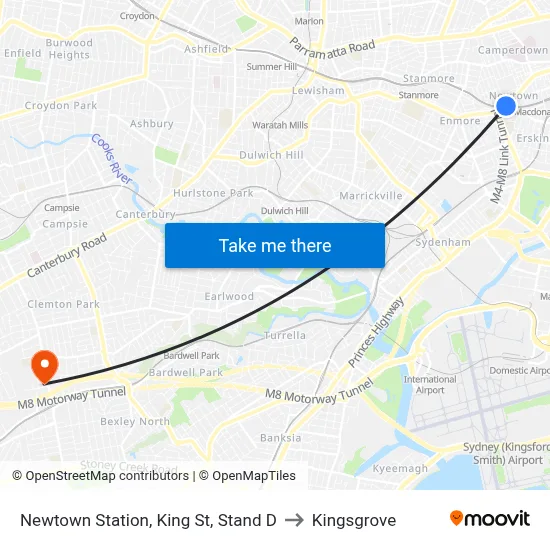 Newtown Station, King St, Stand D to Kingsgrove map