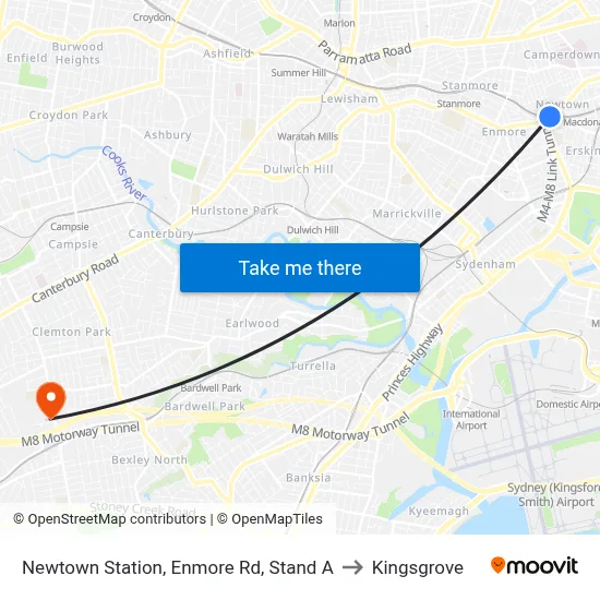 Newtown Station, Enmore Rd, Stand A to Kingsgrove map