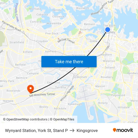 Wynyard Station, York St, Stand P to Kingsgrove map