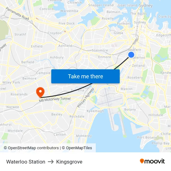 Waterloo Station to Kingsgrove map