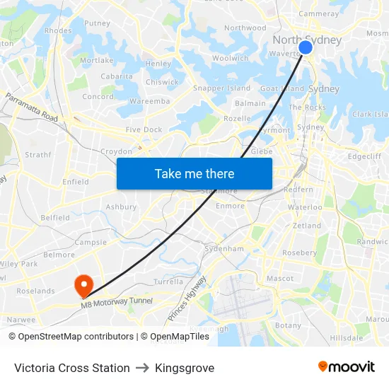 Victoria Cross Station to Kingsgrove map