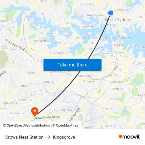 Crows Nest Station to Kingsgrove map
