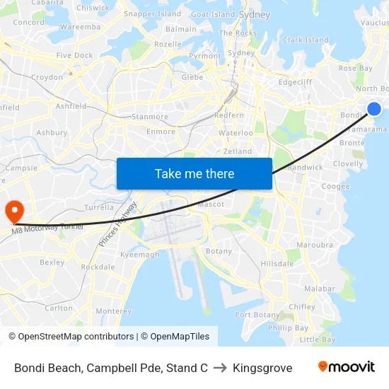 Bondi Beach, Campbell Pde, Stand C to Kingsgrove map