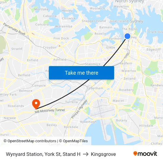 Wynyard Station, York St, Stand H to Kingsgrove map