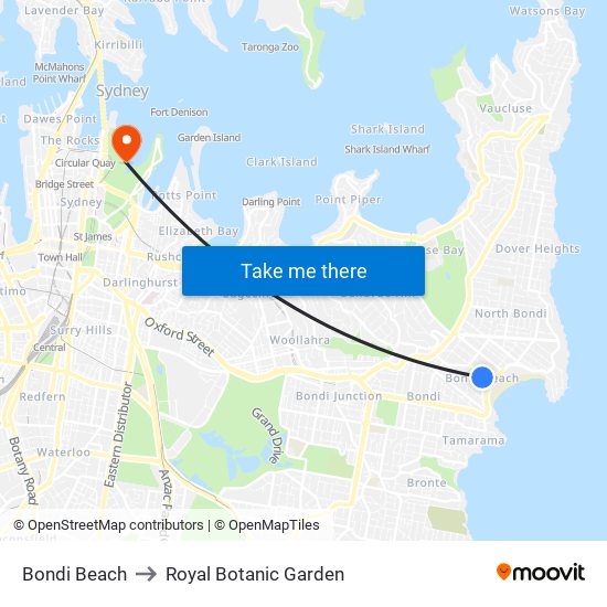 Bondi Beach to Royal Botanic Garden map