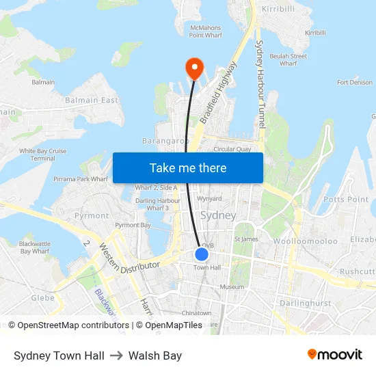 Sydney Town Hall to Walsh Bay map