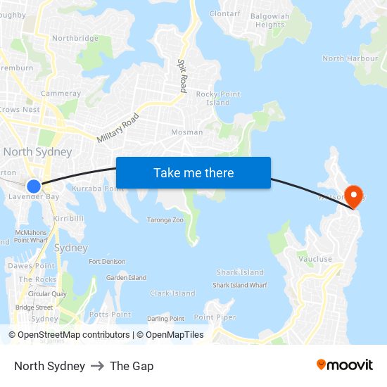North Sydney to The Gap map