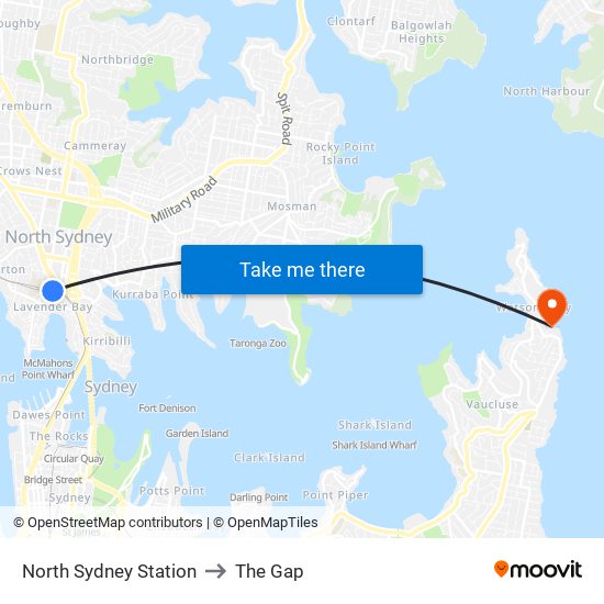 North Sydney Station to The Gap map
