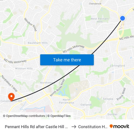 Pennant Hills Rd after Castle Hill Rd to Constitution Hill map