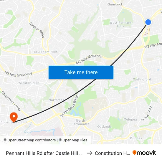 Pennant Hills Rd after Castle Hill Rd to Constitution Hill map