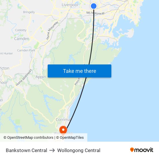 Bankstown Central to Wollongong Central map